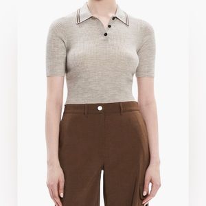 Theory Beige Ribbed Polo Top